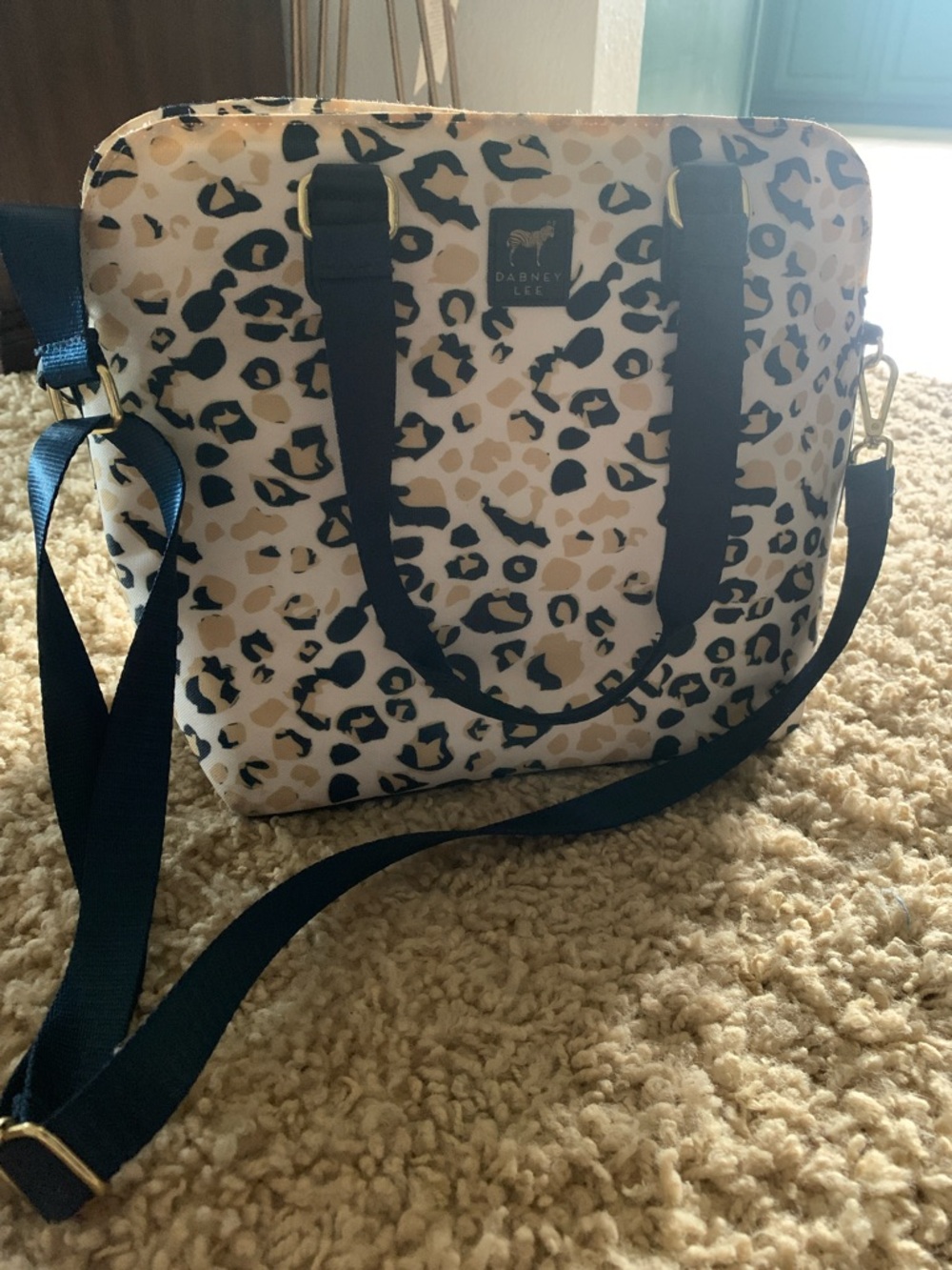 Dabney Lee Leopard Print Lunch Bag with Navy Straps
